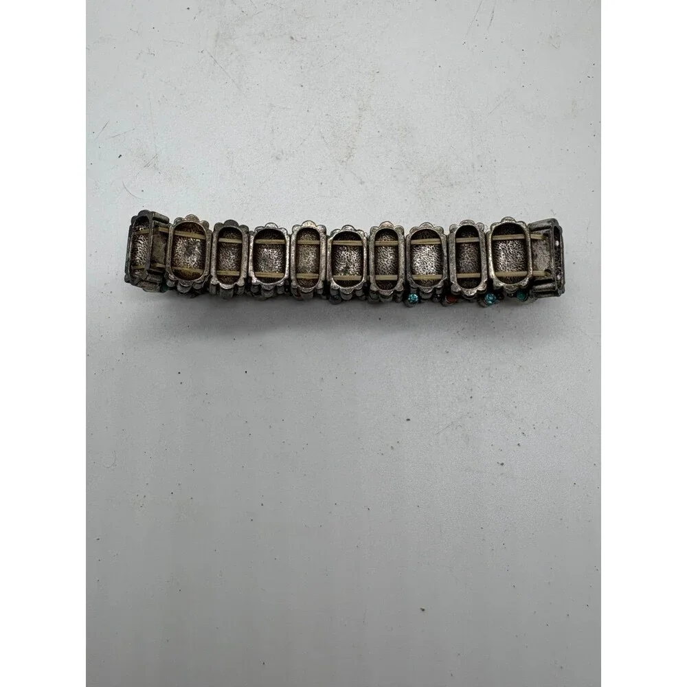 Vintage Southwestern Style Stretch Bracelet Turquoise Teal Enamel & Coral Accent